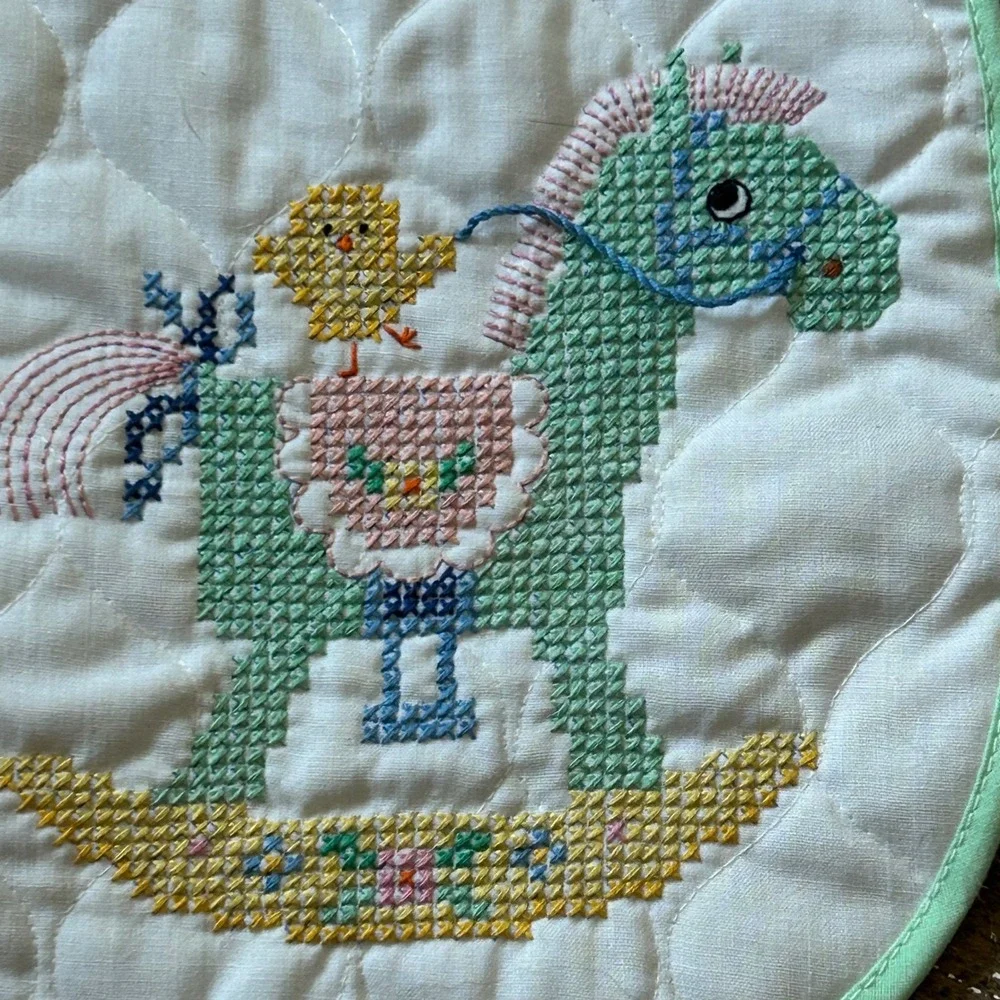 Vintage Handmade Quilted Baby Bib Cross Stitch Rocking Horse Chick‎ Mint Green